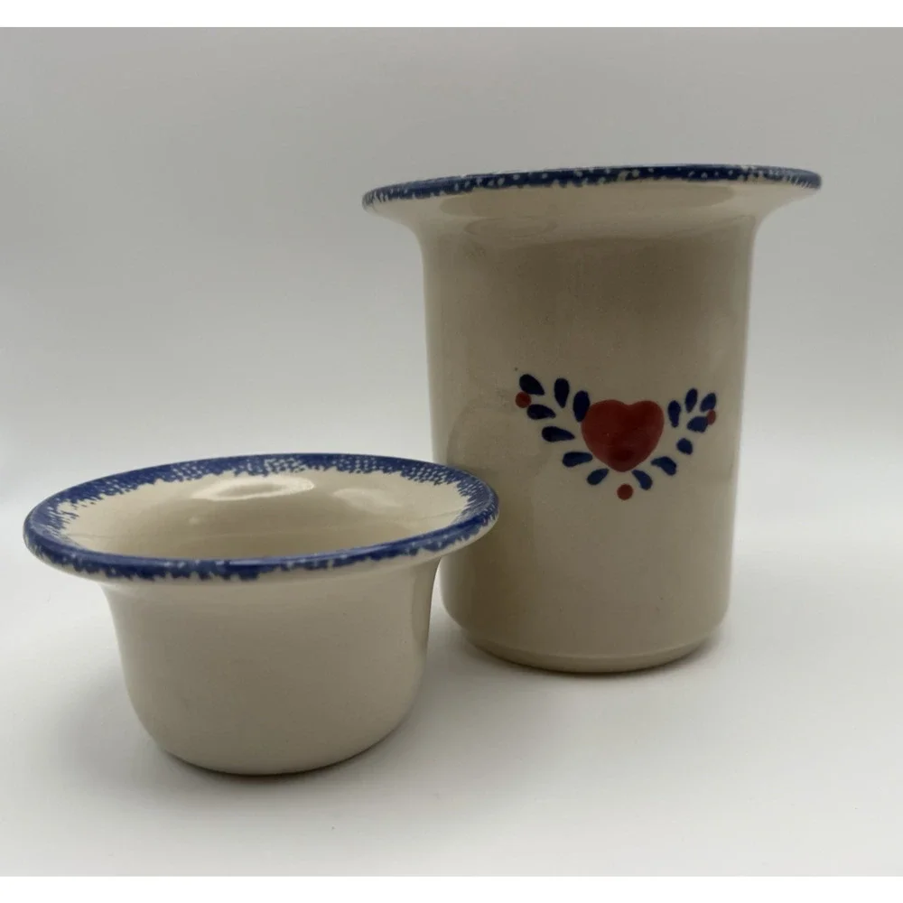 90s Vintage Stoneware Dip Chiller 2 Piece Crock Set Country Heart Cottage Farm